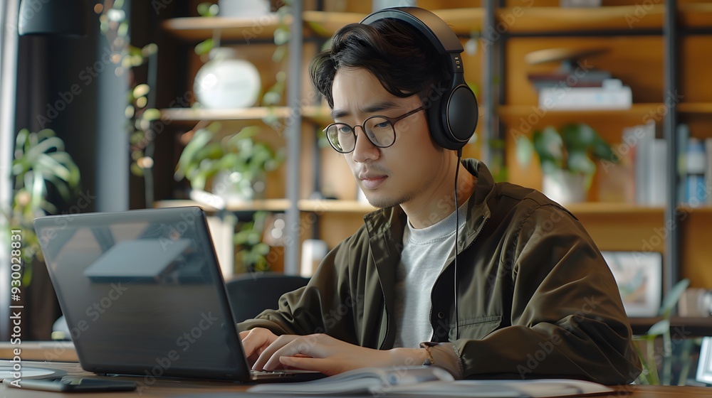 Portrait of a creative Asian man wearing headphones, using a laptop at an office workplace