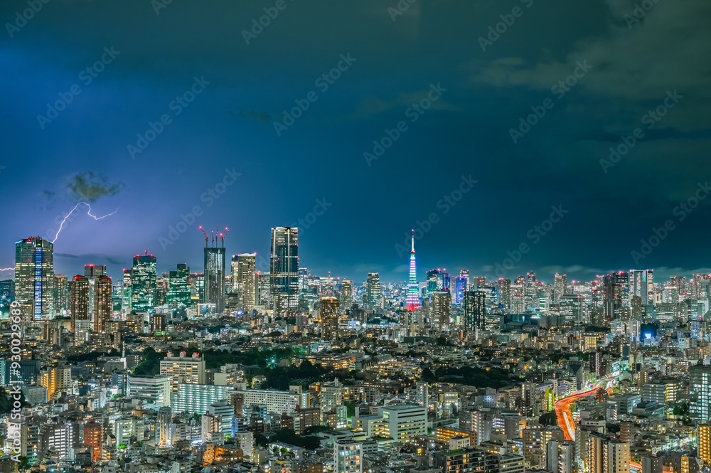 Fototapeta premium 東京の夜景と雷