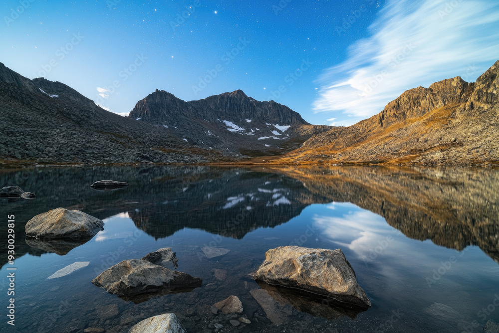 Mountain Lake Mirroring a Starry Sky in a Tranquil Scene Mountain Lake Mirroring a Starry Sky in a Tranquil Scene