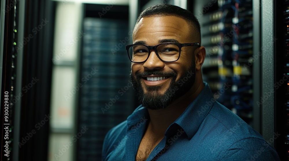 Fototapeta premium Smiling IT Specialist Managing Network and Servers in Data Center