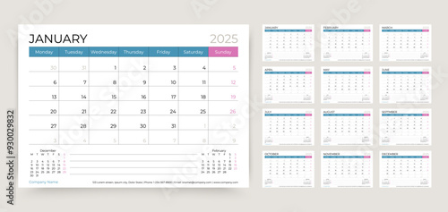 2025 calendar. Planner template. Week starts Monday. Desk schedule grid. Yearly calender organizer. Table monthly diary layout with 12 month. Vector illustration. Paper size A5.Horizontal design. 