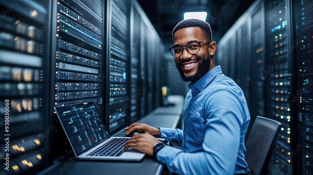 Confident IT Engineer Working on High-Tech Network in Data Center Confident IT Engineer Working on High-Tech Network in Data Center