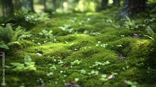 A detailed shot of a mossy forest floor, with soft green moss, tiny ferns, and scattered twigs, creating a serene, earthy scene.