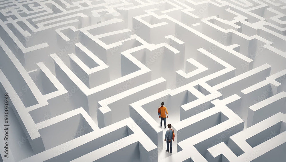 Illustration of a Student Stuck in a Maze, Representing the Confusion and Uncertainty of Career Choices, with Copy Space on a White Background Illustration of a Student Stuck in a Maze, Representing the Confusion and Uncertainty of Career Choices, with Copy Space on a White Background