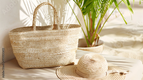 Boho Straw Hat and Basket in Summer Garden, Perfect Set for Vacations, Picnic and Relaxation. photo