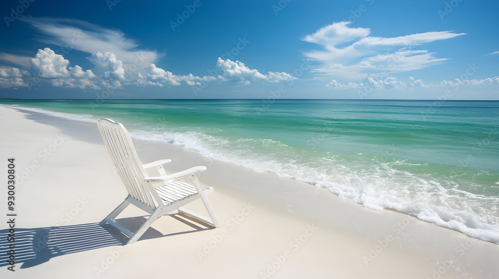 A single white beach chair sits on a pristine sandy beach, facing the gentle waves of the serene ocean. A single white beach chair sits on a pristine sandy beach, facing the gentle waves of the serene ocean.