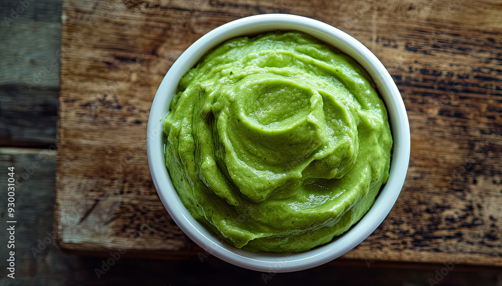 Smooth avocado dip elegantly swirled in a small bowl Smooth avocado dip elegantly swirled in a small bowl