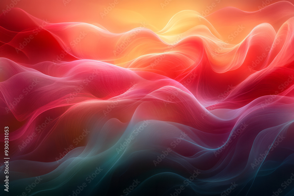 Obraz premium Soft, wave-like light patterns in green and red, flowing gracefully across the canvas in an abstract visual,