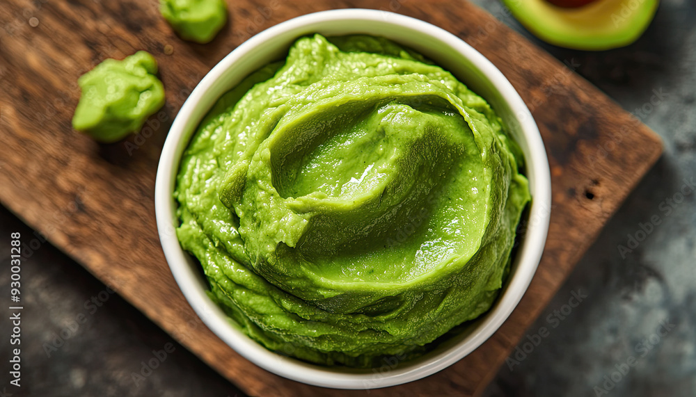 Rich, velvety green avocado spread served in a white dish Rich, velvety green avocado spread served in a white dish