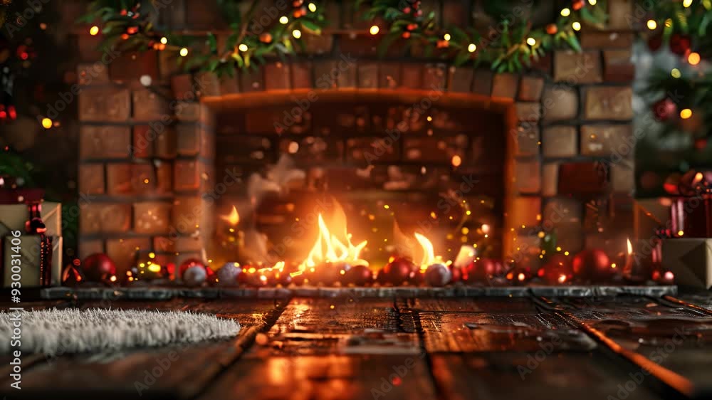 A fireplace with a mantle and a Christmas tree in the background A fireplace with a mantle and a Christmas tree in the background