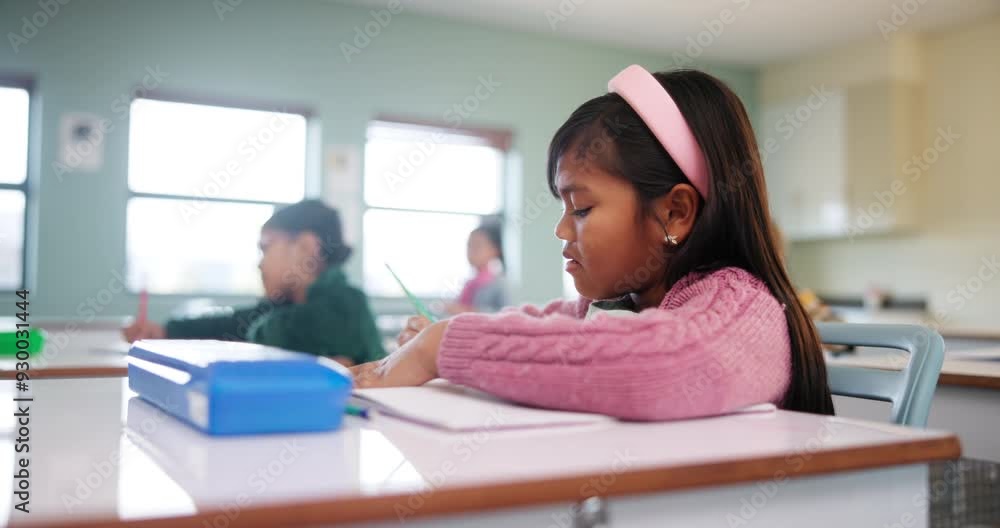 Girl, student and classroom for education at school with learning, knowledge and drawing for creative development. Child, paper and sketch, writing and lesson test, activity and future growth Girl, student and classroom for education at school with learning, knowledge and drawing for creative development. Child, paper and sketch, writing and lesson test, activity and future growth