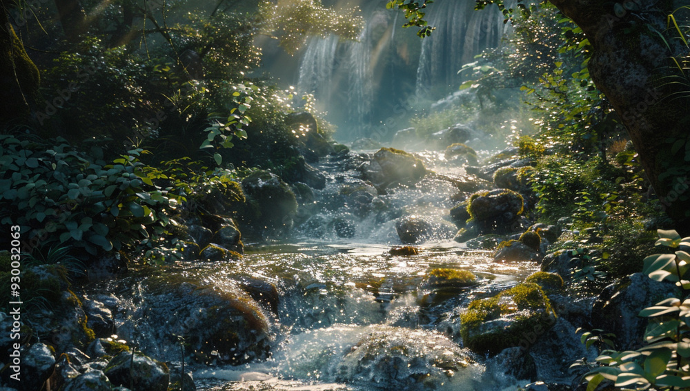 A hidden valley with a sparkling river that flows with liquid light A hidden valley with a sparkling river that flows with liquid light