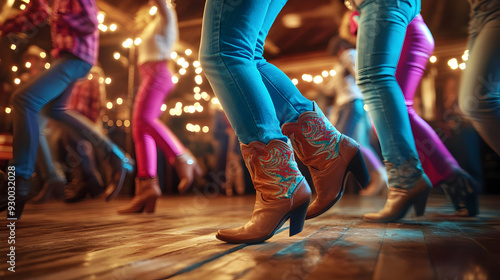 A lively crowd in cowboy boots spins and sways on the warmly lit wooden floor, radiating the joy and thrill of country line dancing.