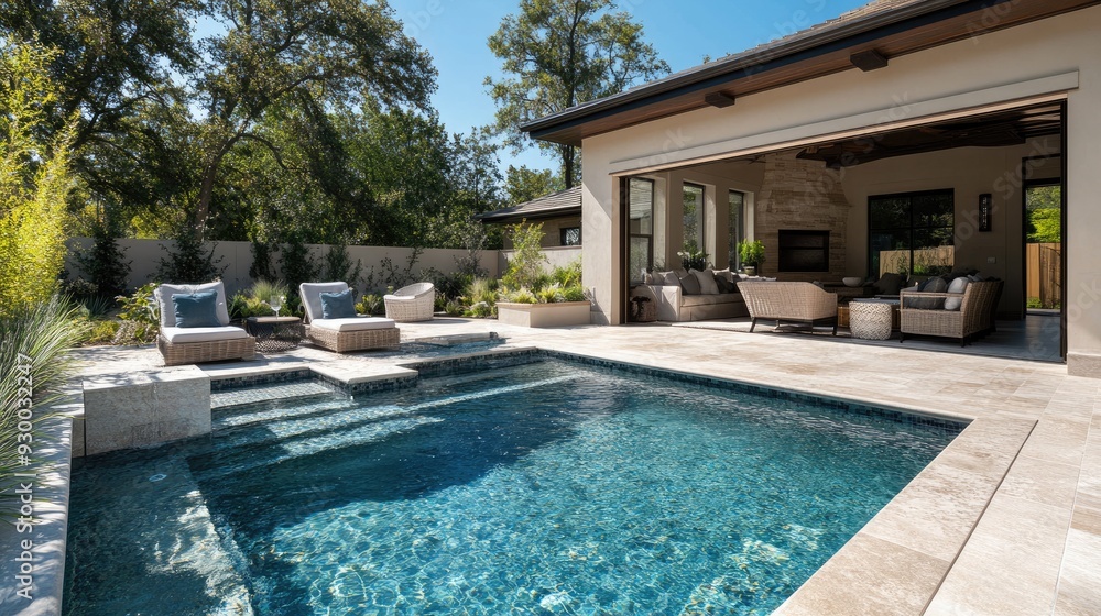 Fototapeta premium A luxurious backyard oasis featuring a sparkling pool, comfortable patio furniture, and a serene atmosphere, perfect for summer relaxation.