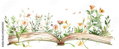Watercolor illustration of an open book with blooming flowers and leaves growing out of the pages.
