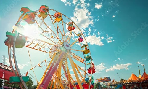 a ferris wheel at a carnival with a blue sky in the background