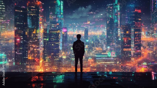 A man stands quietly against the backdrop of a vibrant city skyline, blending into the scene as the city lights reflect his introspection.