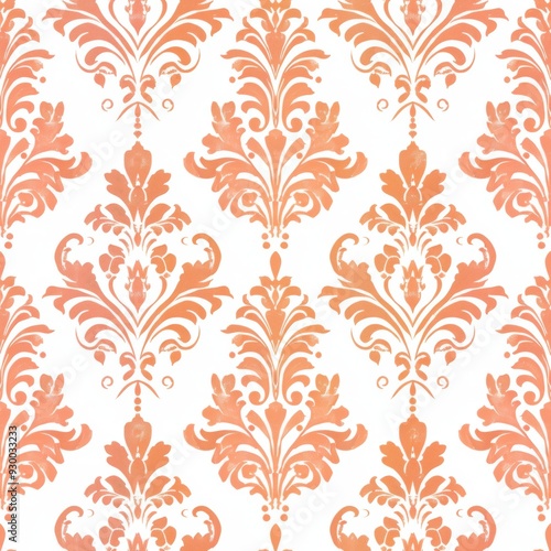 Seamless orange damask floral pattern with symmetrical baroque motifs on a white background, creating a vintage and ornamental design.