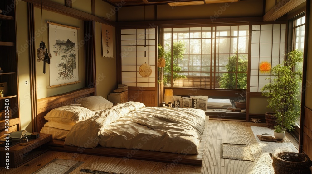 Fototapeta premium A Japanese-style bedroom with a low-profile bed, neutral tones, and a calming atmosphere.