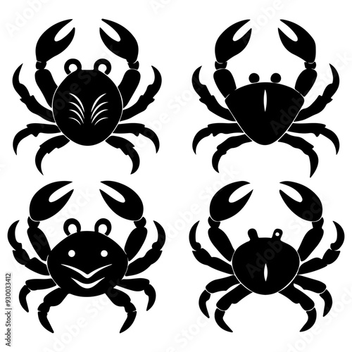 Collection of crab silhouettes, underwater marine animal vector, and crab icon set. Sea crabs are a popular dish.