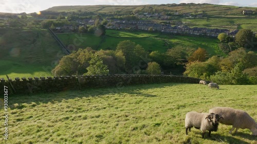 Typical rural Yorkshire Landscape. Industrial town with stone built houses. Rolling moorland, hills and lakes, pastures with sheep and nature in abundance