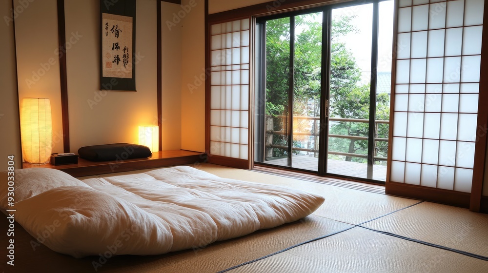 Obraz premium A Japanese-style bedroom with a tatami mat floor, shoji screens, and a minimalist futon bed.