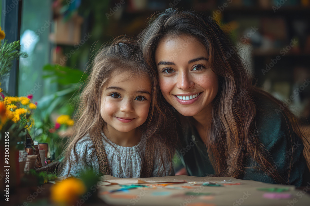 Fototapeta premium A mother and daughter working on a craft project together, symbolizing creativity and bonding in family life,