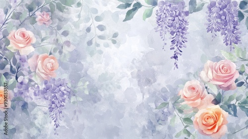 Fototapeta Naklejka Na Ścianę i Meble -  A soft watercolor design featuring roses and wisteria in pastel colors.