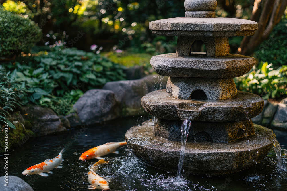 Serene Asian Garden with a Stone Fountain and Koi Fish Serene Asian Garden with a Stone Fountain and Koi Fish