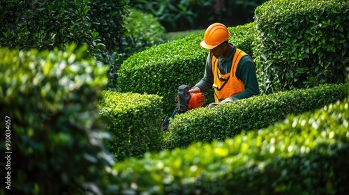 A parks and recreation worker trims the hedges in a lush green space, maintaining the landscape with care and precision.
