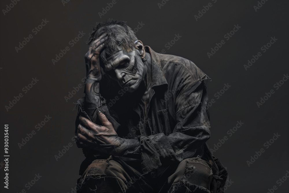 Sad Frankenstein Monster Reflecting on Loneliness and Life's Meaning in a Melancholic Halloween Scene of Despair Sad Frankenstein Monster Reflecting on Loneliness and Life's Meaning in a Melancholic Halloween Scene of Despair