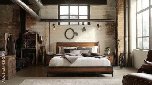 A loft-style bed with a combination of wood and metal elements, creating a balanced look.