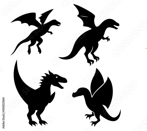 Collection of dinosaur silhouettes, T-Rex Tyrannosaurus vector illustration, and raptor dinosaur icon set.