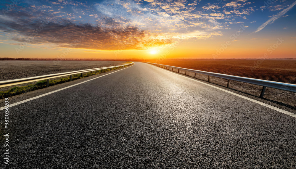 Fototapeta premium empty asphalt highway and nature landscape at sunset