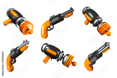 Realistic blaster and rifle in different positions. Modern and futuristic weapons