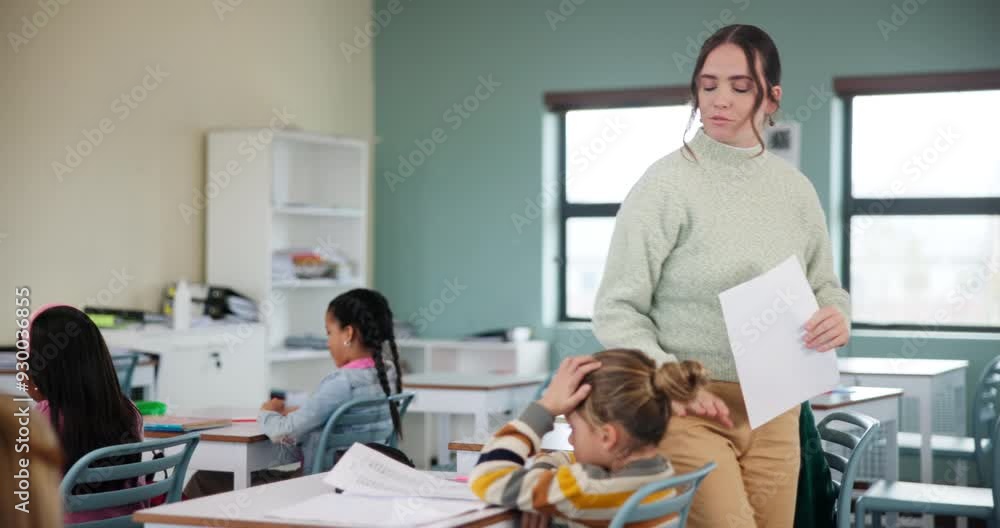 Student, teacher and kids in school, marks and asking of assignment for homework and woman. Classroom, happy and education for child, desk and chat for knowledge, learning and helping with project Student, teacher and kids in school, marks and asking of assignment for homework and woman. Classroom, happy and education for child, desk and chat for knowledge, learning and helping with project