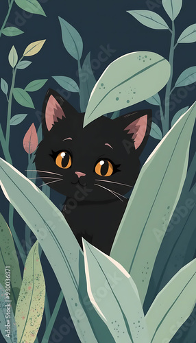 Sneaky Black Cat Peeking Through Leaves, Perfect for Mysterious and Playful Themes - Nature and Animal Illustration