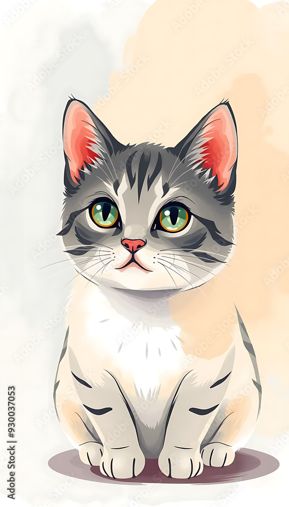 Fototapeta premium Gentle Gray and White Kitten with a Calm Expression - Minimalist and Clean Design Animal Illustration