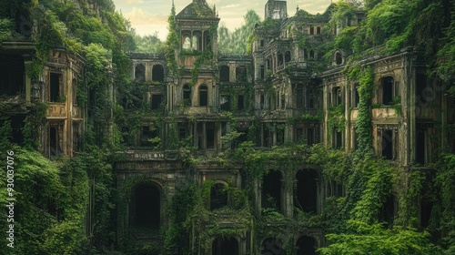 An eerie, abandoned city overtaken by nature, with crumbling buildings covered in vines and greenery, symbolizing dystopian dreams reclaimed by time.