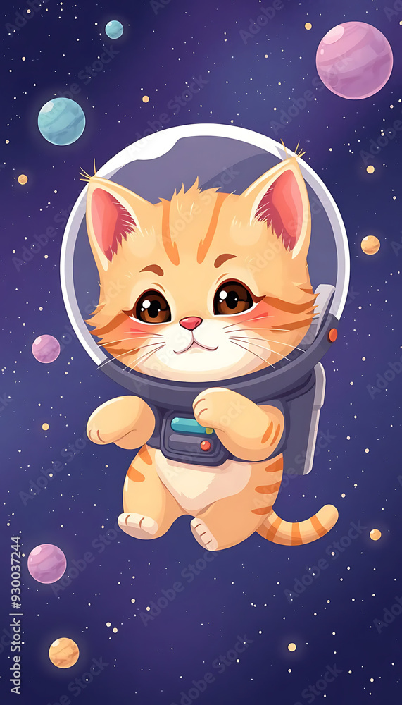 Fototapeta premium Playful Orange Kitten Floating in Space Wearing an Astronaut Suit - Whimsical Space-Themed Cartoon Illustration