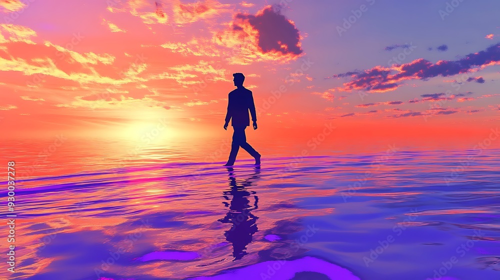 A lone figure walks on the surface of the water towards the sun, the sky ablaze with hues of orange, pink and purple. A lone figure walks on the surface of the water towards the sun, the sky ablaze with hues of orange, pink and purple.