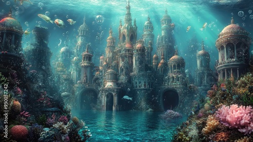 An enchanted underwater city crafted from pearls and corals, hidden in the ocean depths, sparkling with otherworldly beauty. a photo