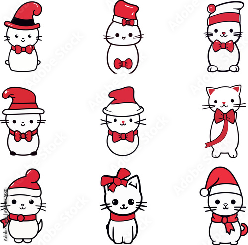 Christmas Vector: Cute Cats in Santa Hats with Bows photo