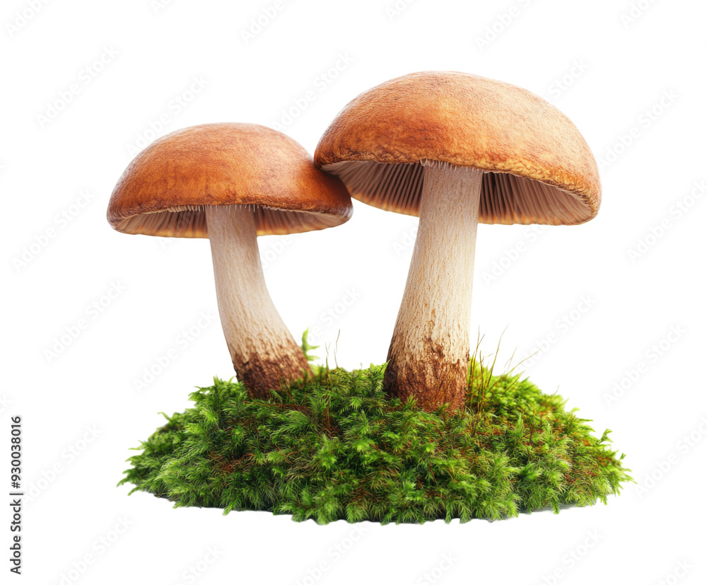 Two mushrooms growing on moss isolated on white. PNG transparent. Two mushrooms growing on moss isolated on white. PNG transparent.