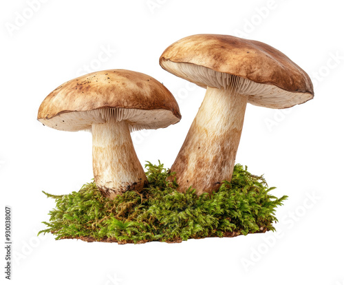 Two mushrooms growing on moss isolated on white. PNG transparent.