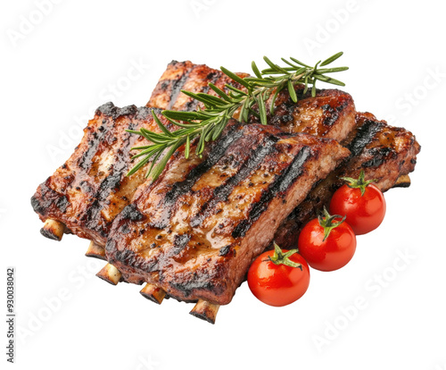 Grilled pork ribs with garnish isolated on white. PNG transparent.