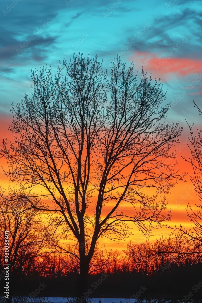 A serene sunset landscape featuring silhouetted trees A serene sunset landscape featuring silhouetted trees