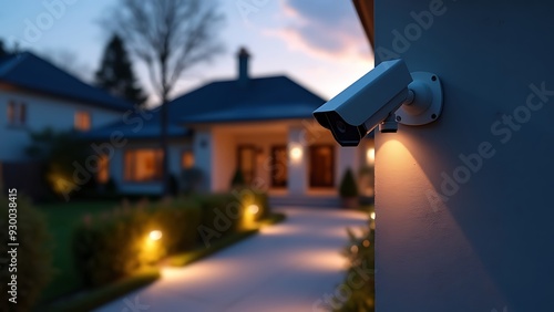 Close-up view of a modern home security camera monitoring vigilantly, showing details of advanced technology and vigilance around the area