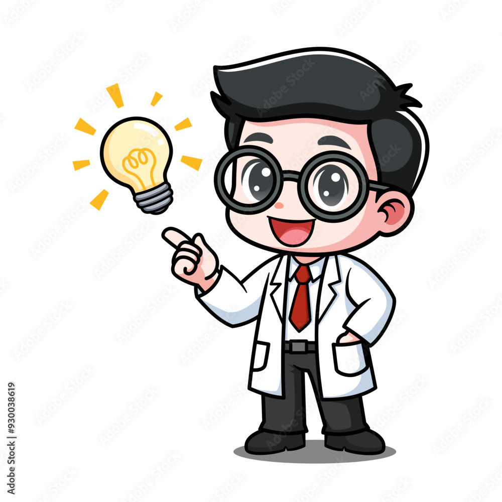 Cute Scientist Cartoon Character Having Idea With Lightbulb Cute Scientist Cartoon Character Having Idea With Lightbulb
