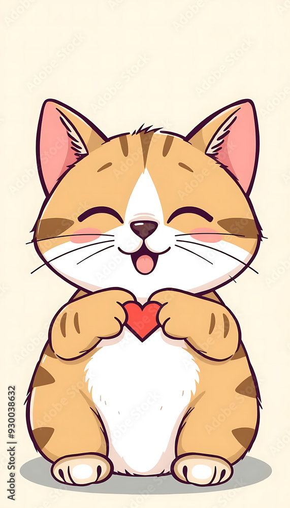 Fototapeta premium orange cat holding a small red heart in hands, digital illustration cartoon